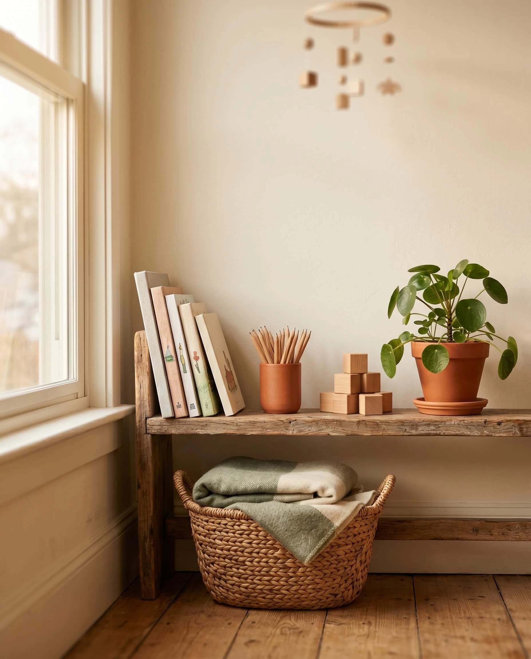 Un rincón cálido de sala de Nivel Inicial con libros, materiales y una planta