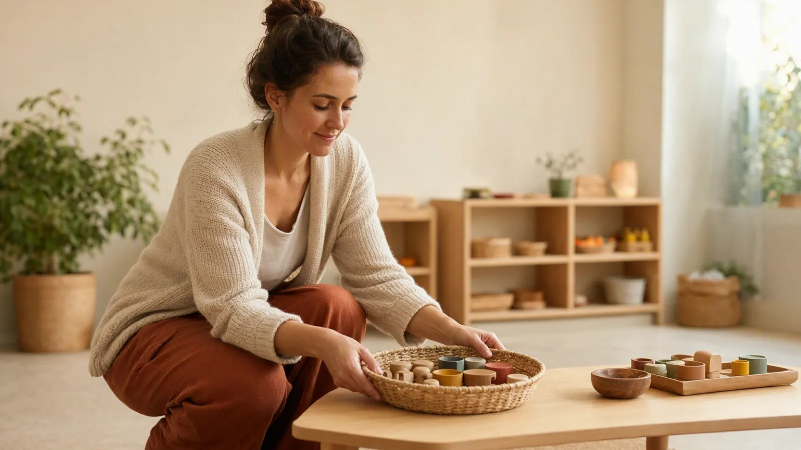 Una docente acomoda una canasta con piezas de madera de colores sobre una mesa baja de sala, con el estante de materiales detrás.