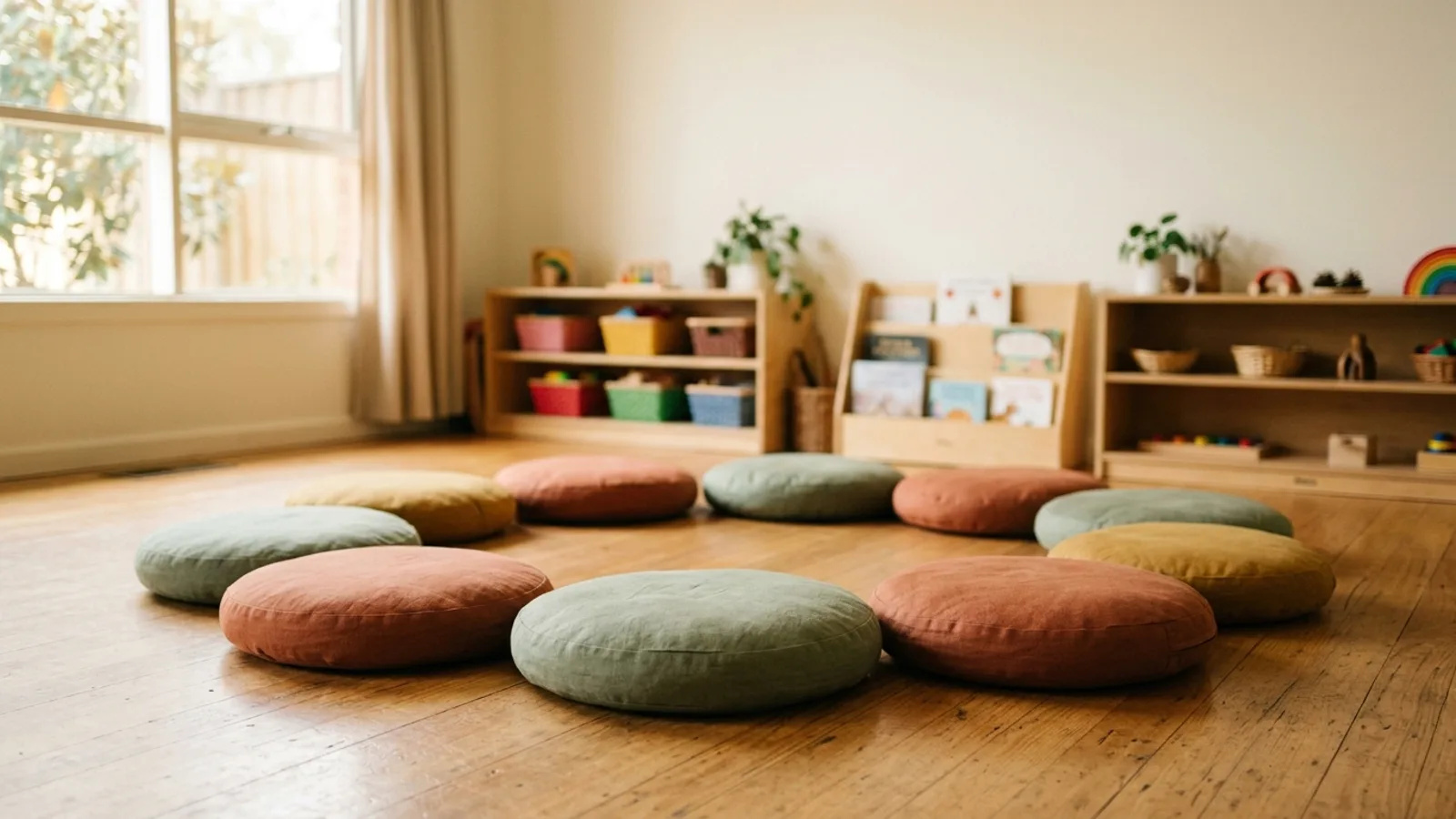 Una ronda de almohadones preparada en el piso de la sala, lista para el momento de intercambio.