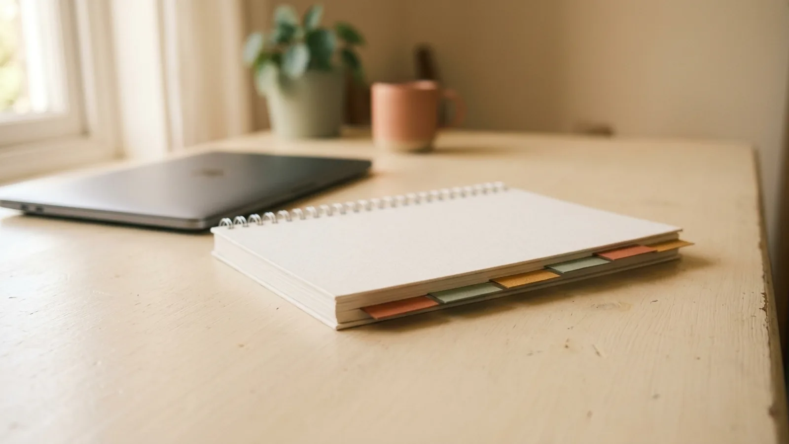 Un documento curricular anillado con señaladores de colores marcando páginas, apoyado sobre un escritorio junto a una notebook.