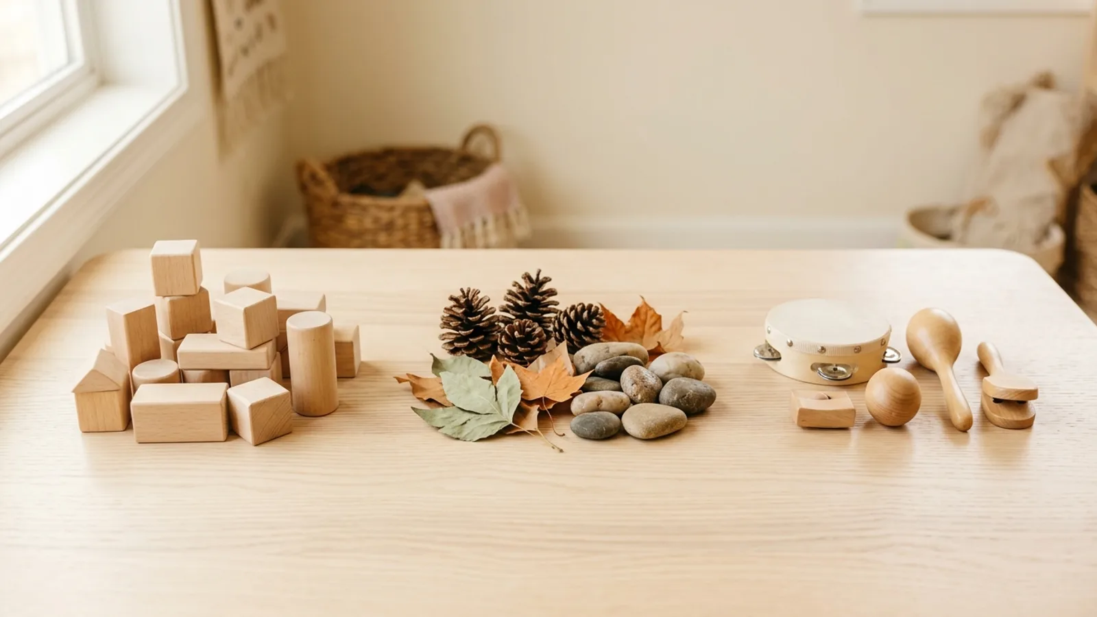 Tres agrupamientos de materiales distintos preparados sobre una mesa de sala: bloques de madera, elementos naturales e instrumentos.